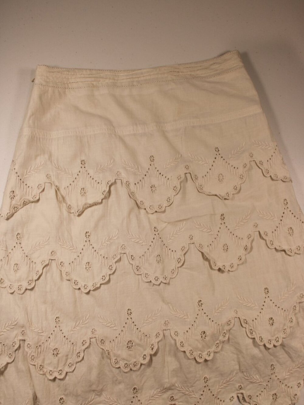 BCBGMaxazria Tiered Cotton Mini Skirt with Scalloped Lace Like and Eyelets